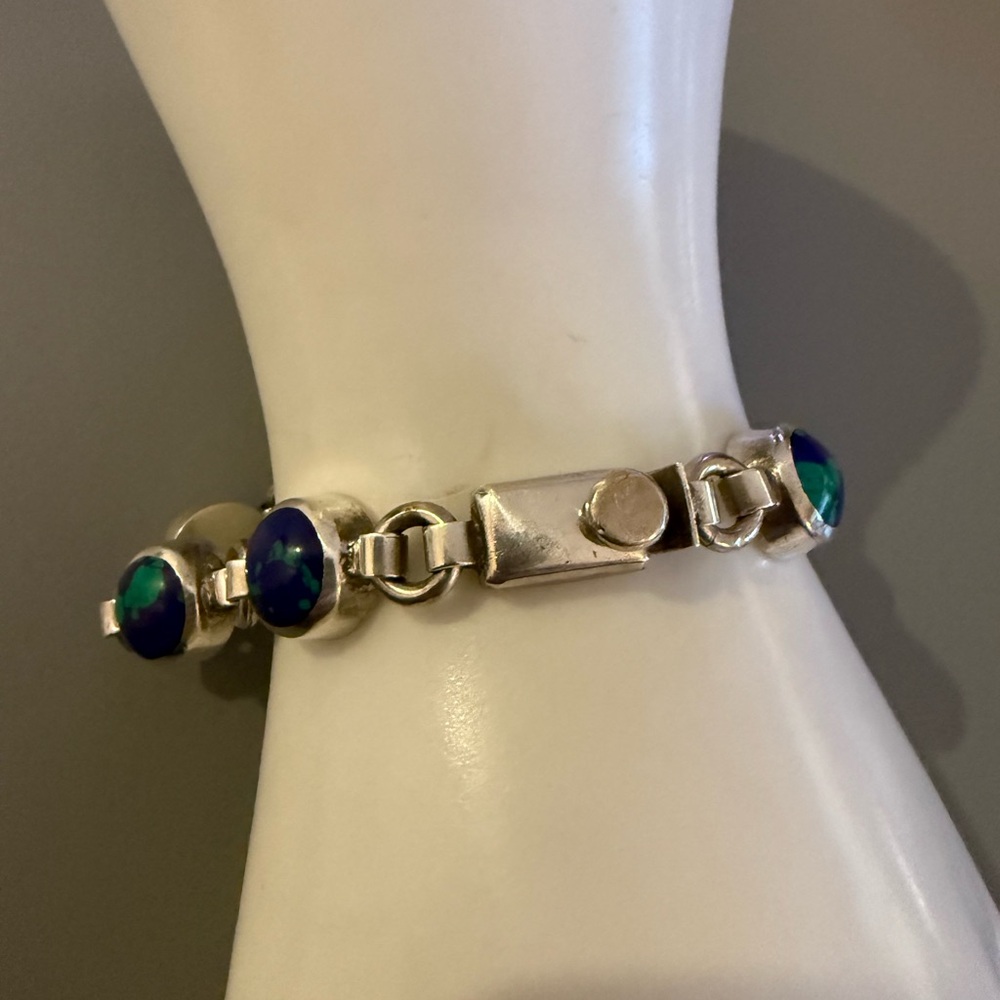 Taxco Silver Bracelet with Blue and Green Accents - Picture 8 of 9